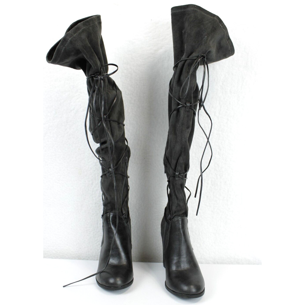 Leila Stone Rayne Suede Lace Up Zip Tall Boots Women 6 Block Heel 3.5" Dark Gray - Picture 4 of 15